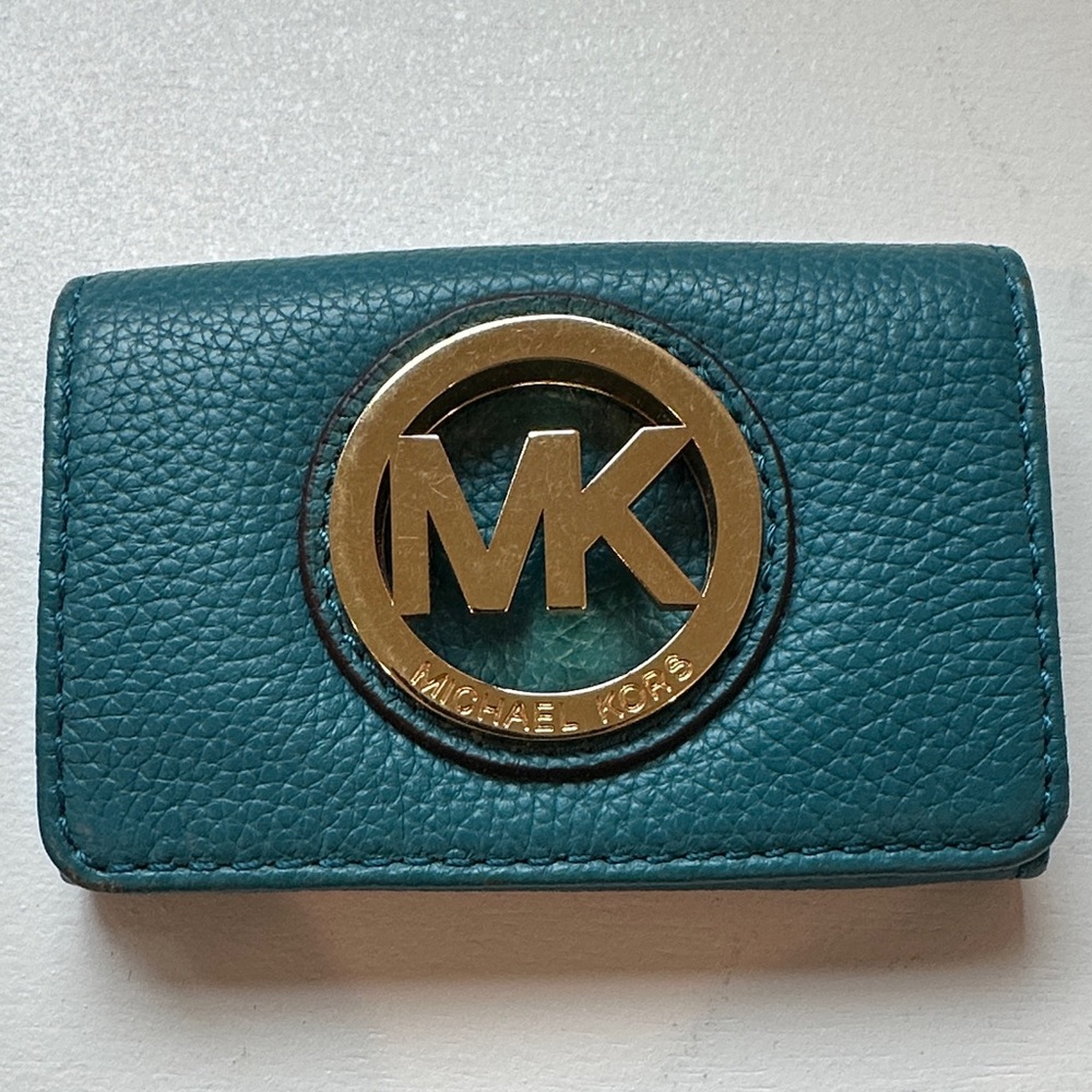 Michael Kors Teal Card Holder with Gold Logo